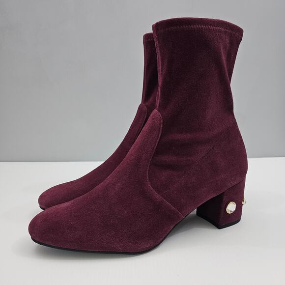 Stuart Weitzman Allshine Ankle Bootie Size 9 Wine Red Suede Sock Jewel Heel Fall - Picture 15 of 15